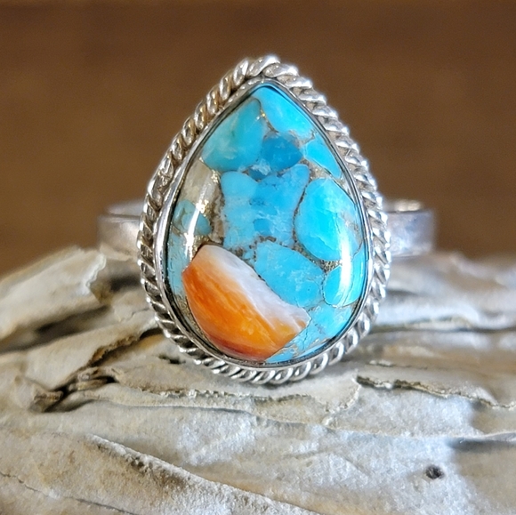 Handcrafted Jewelry - Native Copper Turquoise Gemstone Ring 7 Sterling Silver 925  Boho Size Jewelry